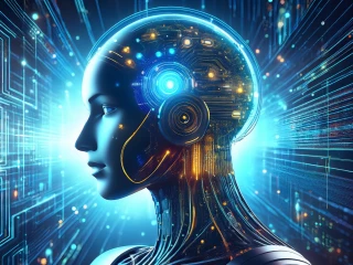 picture of a female android facing left with a futuristic blue swirl background