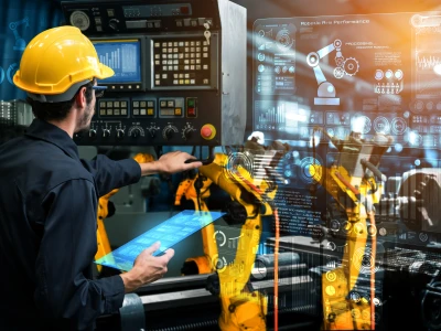 male engineer wearing a yellow hard hat inspects machinery 